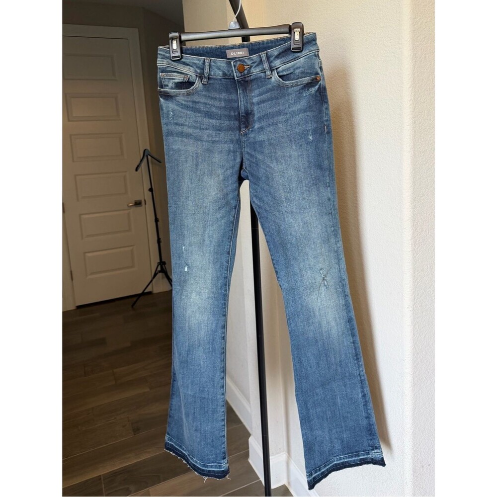 DL1961 Medium Blue Distressed Flare Jeans 28